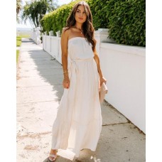 Confidence Strapless Satin Embossed Tiered Maxi Dress - Cream